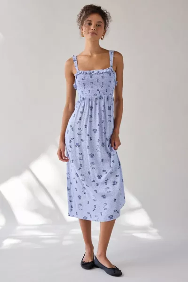 UO Selene Smocked Square Neck Ruffle Midi Dress