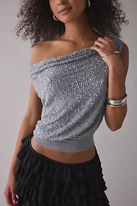 UO Alix Asymmetric Off-The-Shoulder Ruched Sequin Crop Top