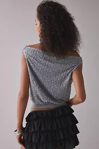 UO Alix Asymmetric Off-The-Shoulder Ruched Sequin Crop Top