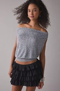 UO Alix Asymmetric Off-The-Shoulder Ruched Sequin Crop Top