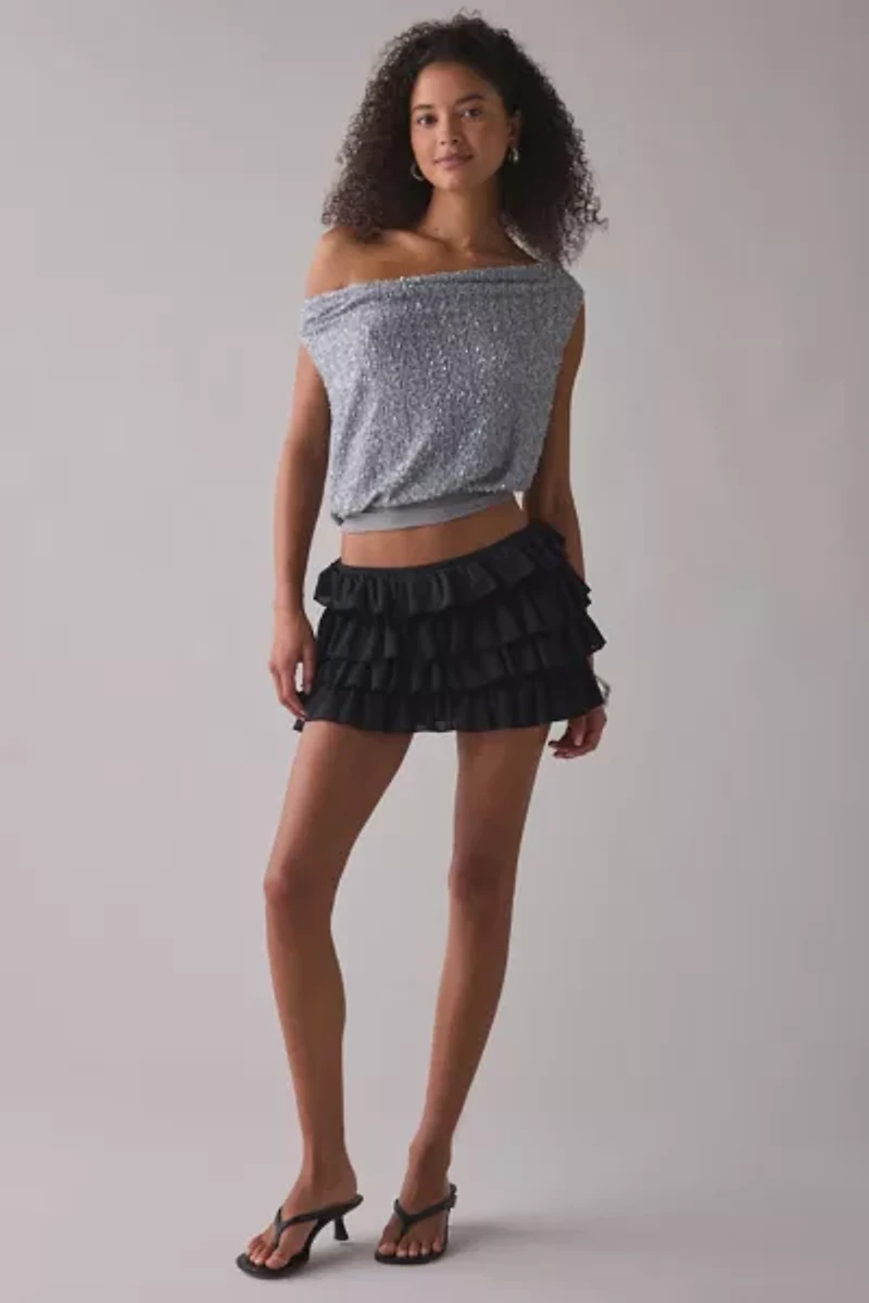 UO Alix Asymmetric Off-The-Shoulder Ruched Sequin Crop Top