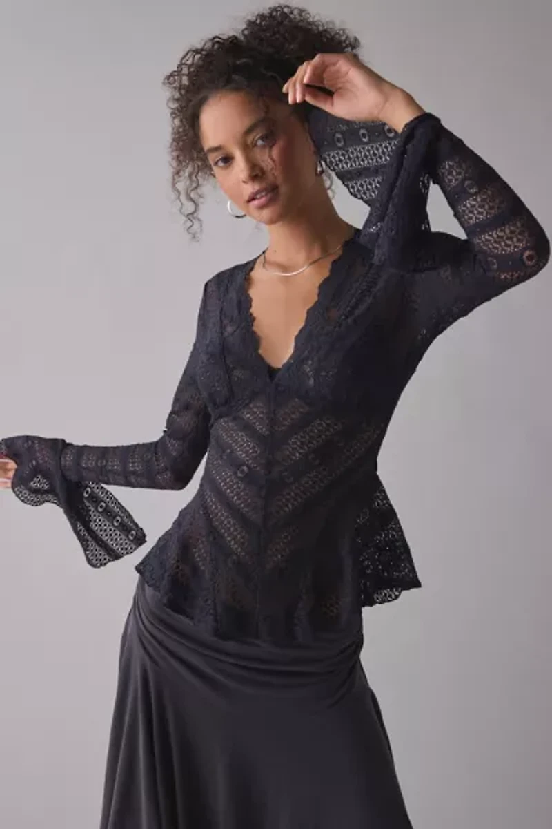 Kimchi Blue Irene Sheer Lace Ruffle Bell Sleeve Top