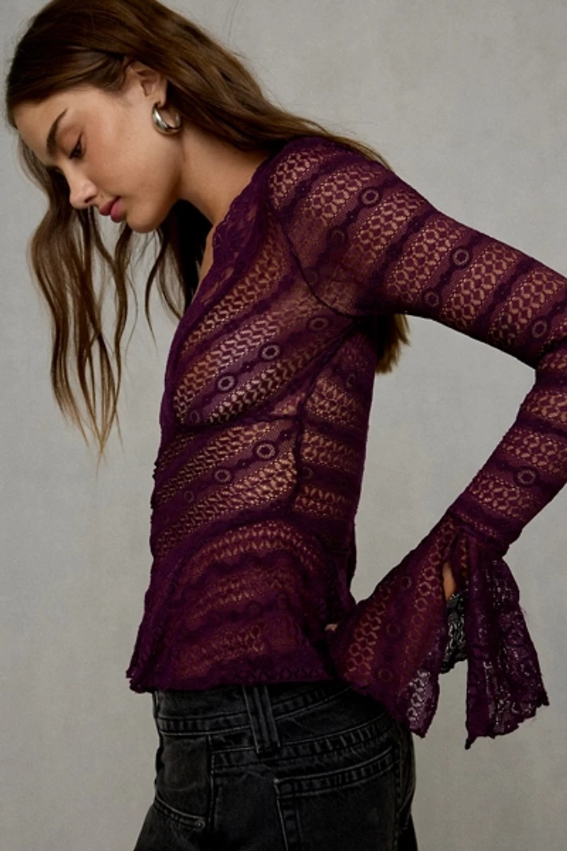 Kimchi Blue Irene Sheer Lace Ruffle Bell Sleeve Top