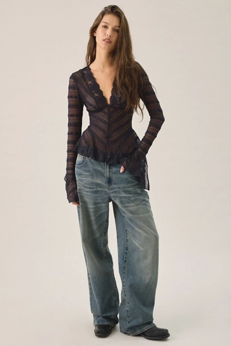 Kimchi Blue Irene Sheer Lace Ruffle Bell Sleeve Top