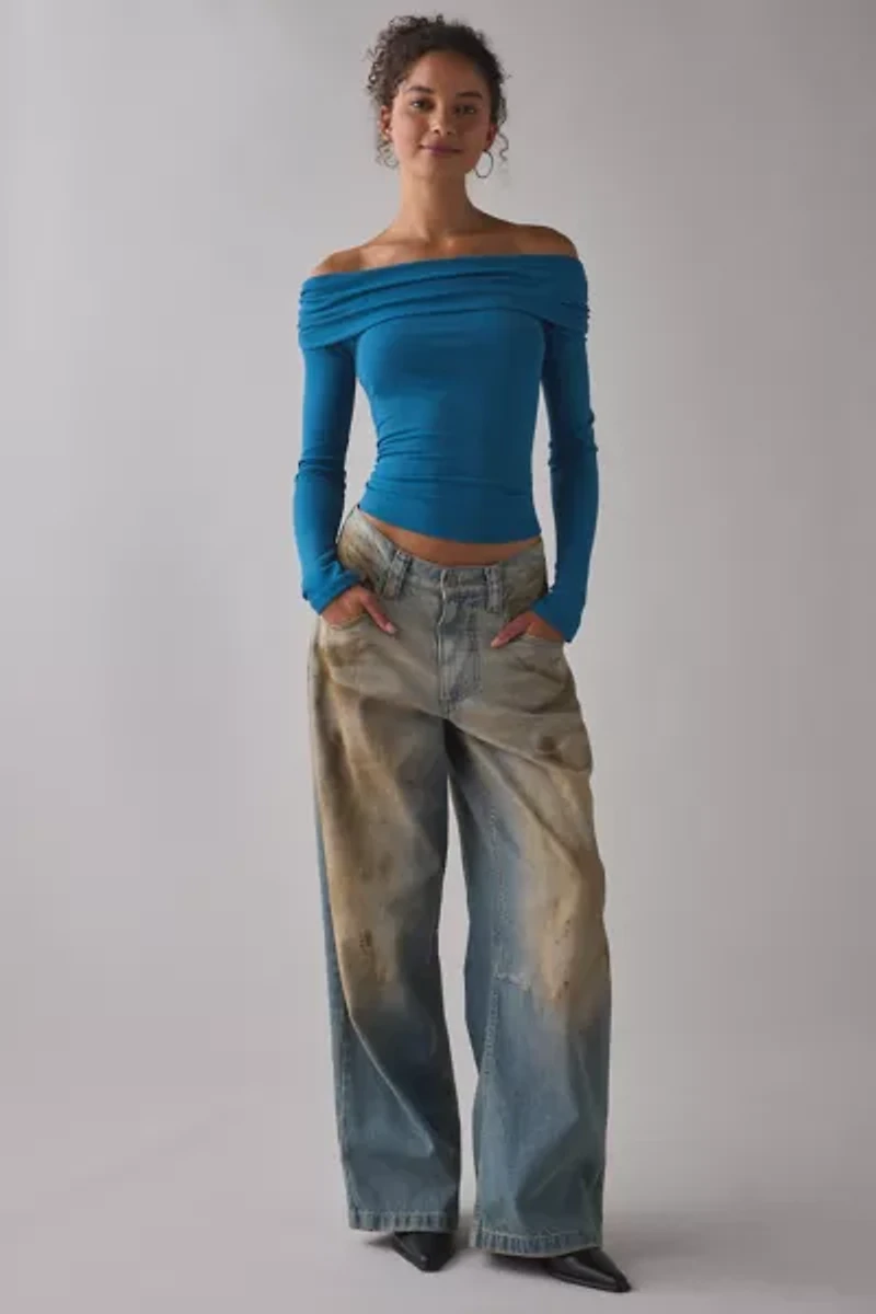 Kimchi Blue Lily Ruched Foldover Off-The-Shoulder Knit Top