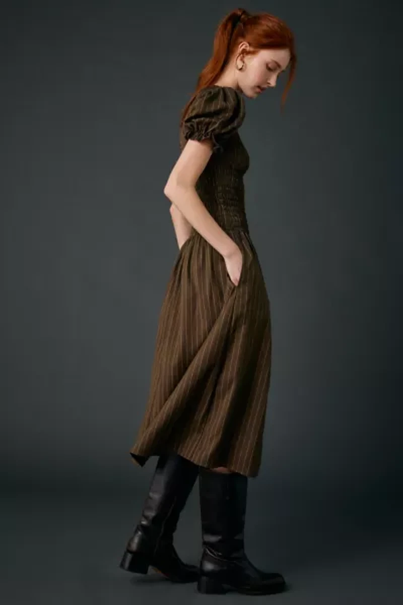 Daisy Street Brulee Drop Waist Smocked Puff Sleeve Midi Dress