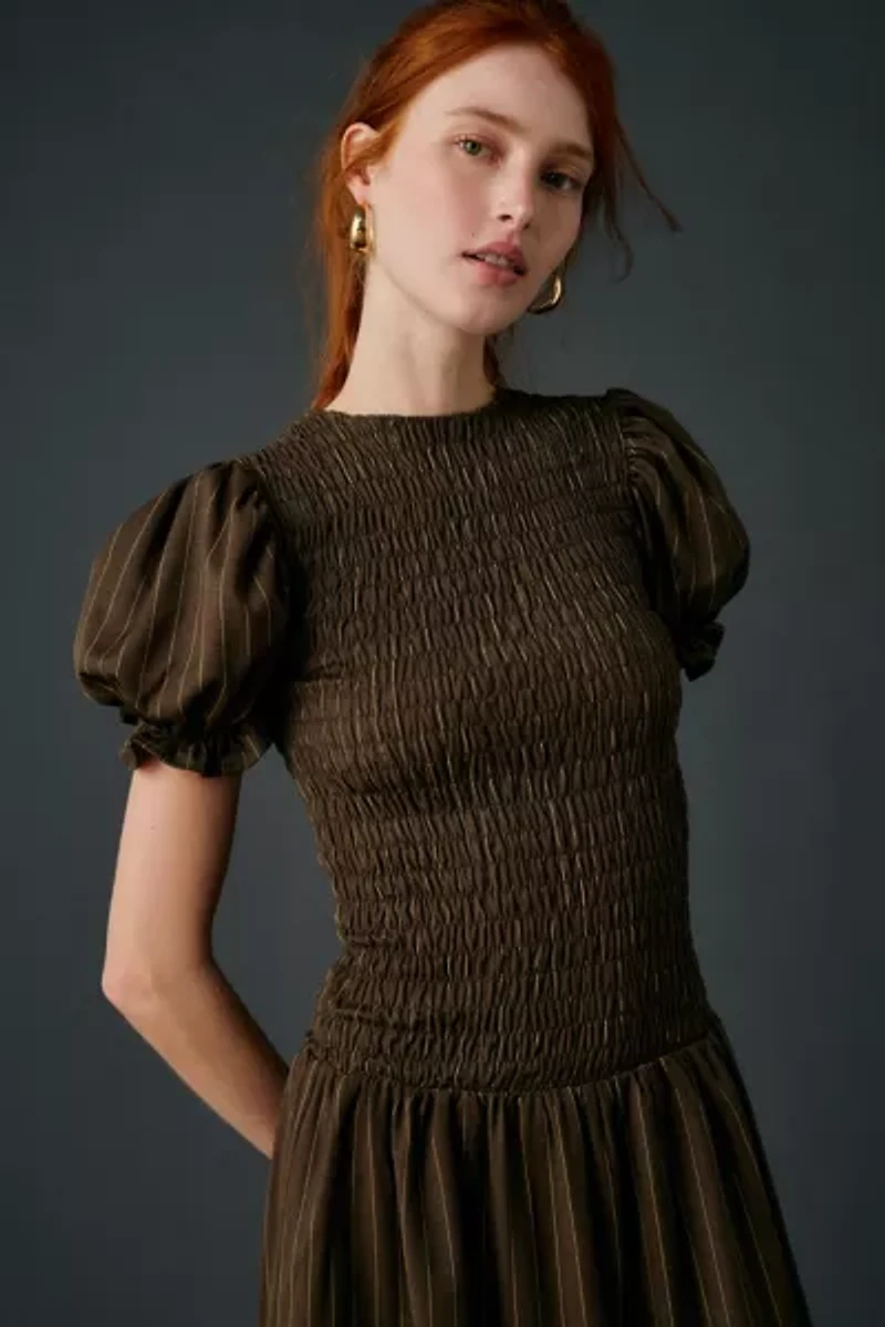 Daisy Street Brulee Drop Waist Smocked Puff Sleeve Midi Dress
