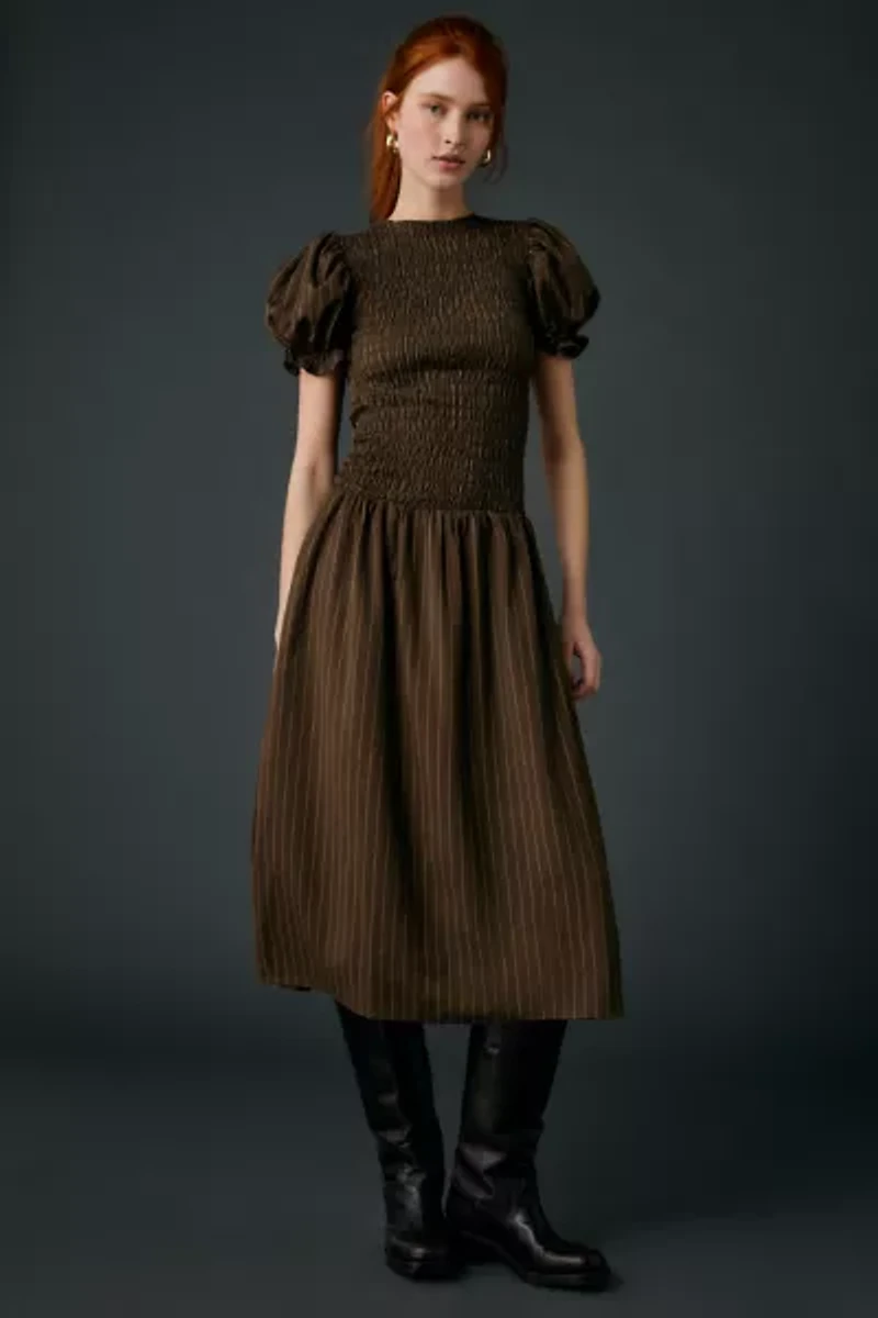 Daisy Street Brulee Drop Waist Smocked Puff Sleeve Midi Dress
