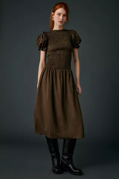 Daisy Street Brulee Drop Waist Smocked Puff Sleeve Midi Dress