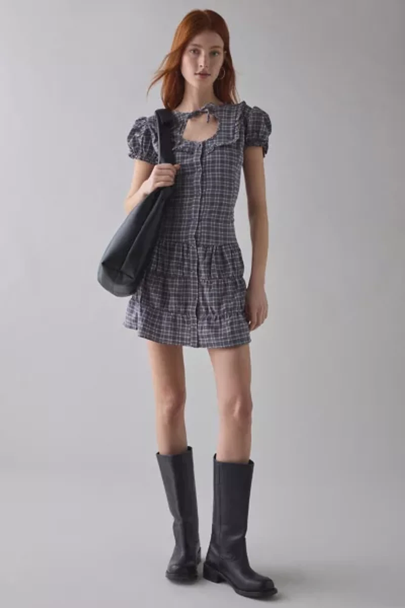 Daisy Street Angel Drop Waist Button-Front Plaid Mini Dress