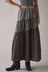 Daisy Street Lula Patchwork Plaid Tiered Maxi Skirt