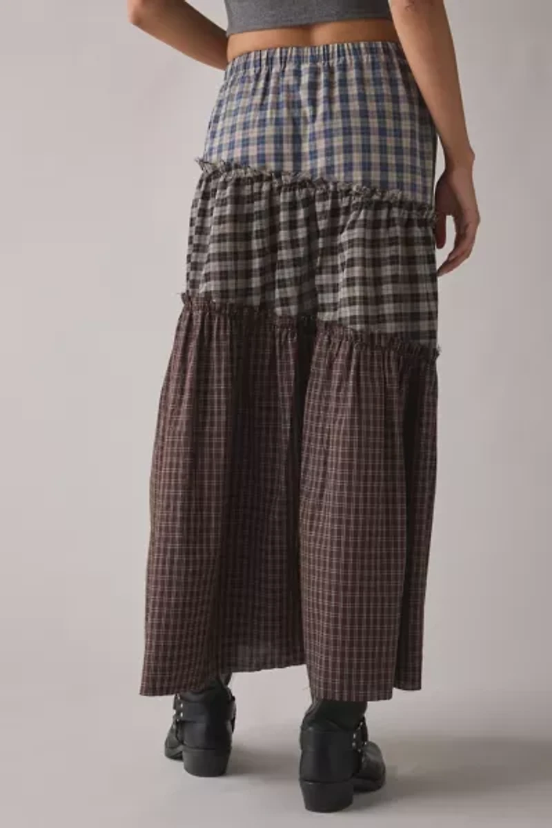 Daisy Street Lula Patchwork Plaid Tiered Maxi Skirt