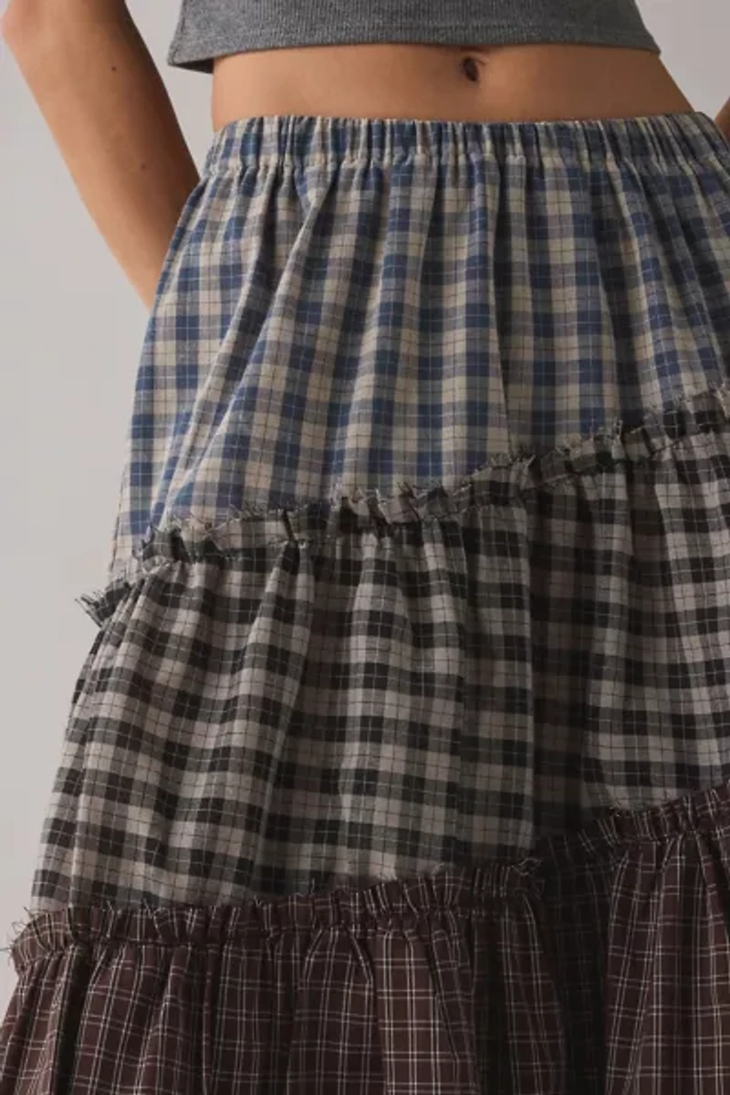 Daisy Street Lula Patchwork Plaid Tiered Maxi Skirt