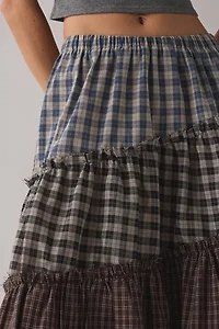 Daisy Street Lula Patchwork Plaid Tiered Maxi Skirt