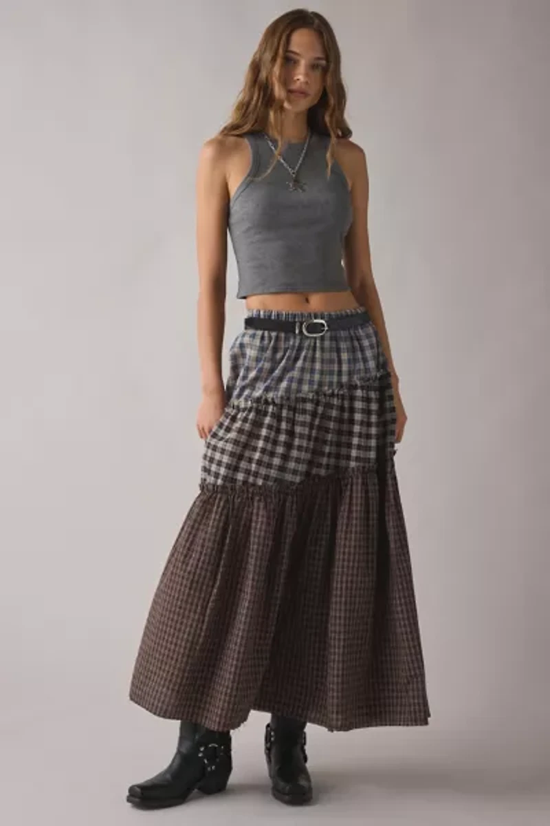 Daisy Street Lula Patchwork Plaid Tiered Maxi Skirt