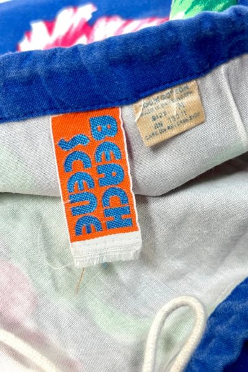 Vintage 1970's Beach Scene Drawstring Floral Tropical Print Swim Trunks Shorts