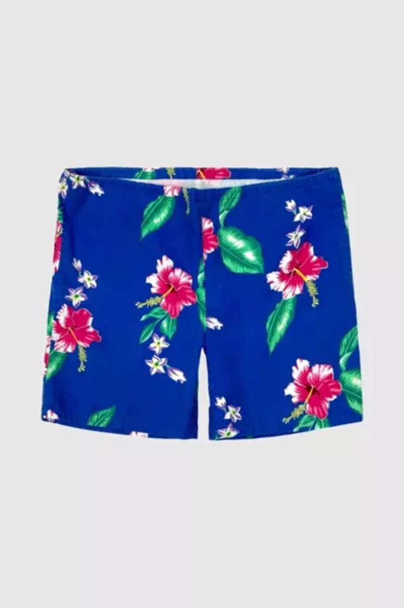 Vintage 1970's Beach Scene Drawstring Floral Tropical Print Swim Trunks Shorts