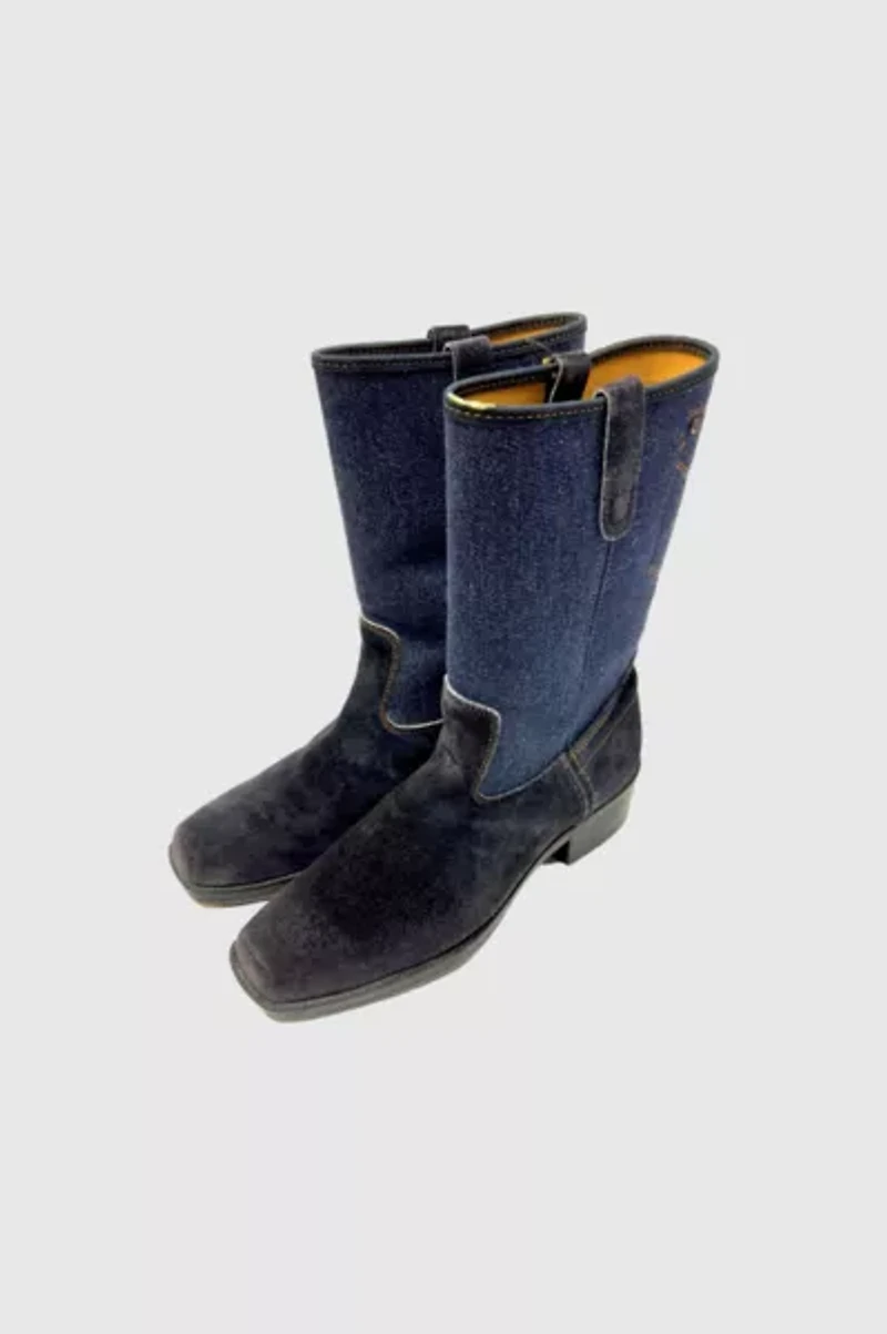 Vintage 1970's Acme Suede And Denim Square Toe Cowboy Boot