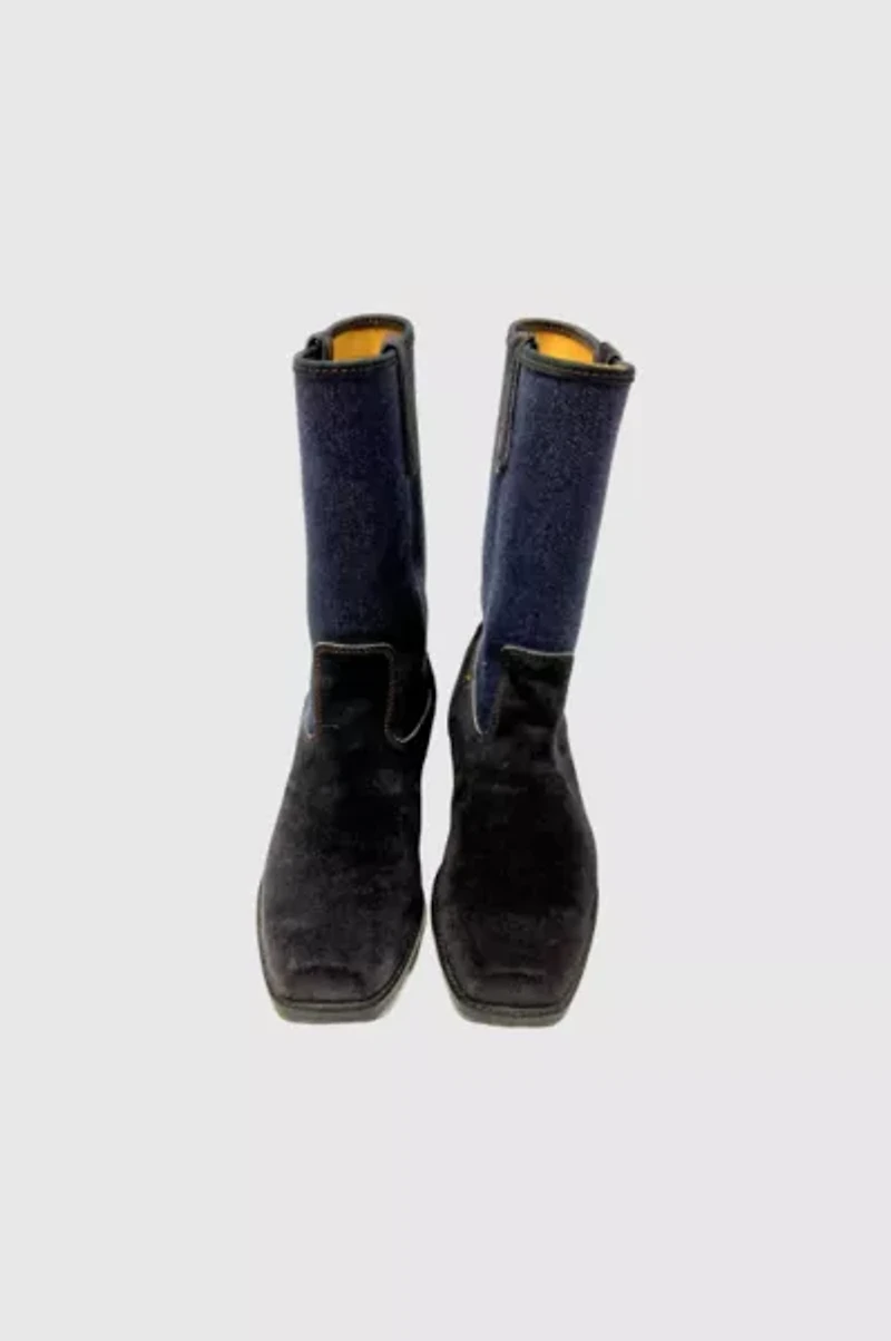 Vintage 1970's Acme Suede And Denim Square Toe Cowboy Boot