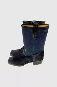 Vintage 1970's Acme Suede And Denim Square Toe Cowboy Boot