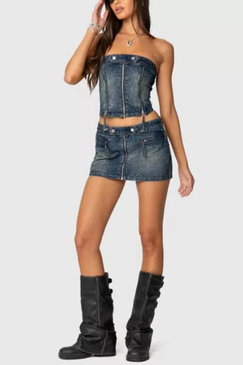 Edikted Guinevere Zip Washed Denim Mini Skirt