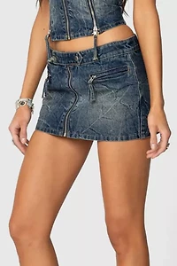 Edikted Guinevere Zip Washed Denim Mini Skirt
