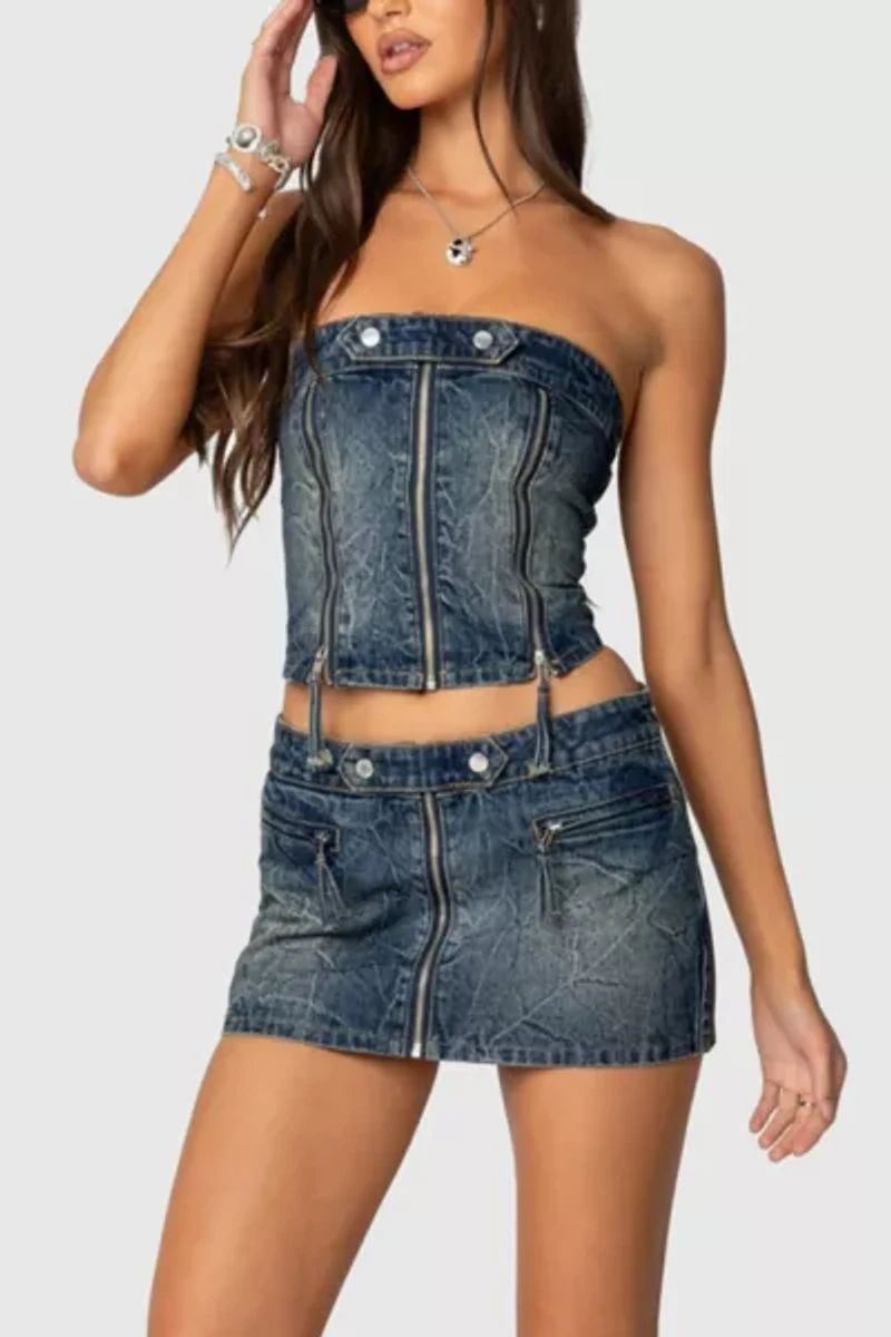 Edikted Guinevere Zip Washed Denim Mini Skirt