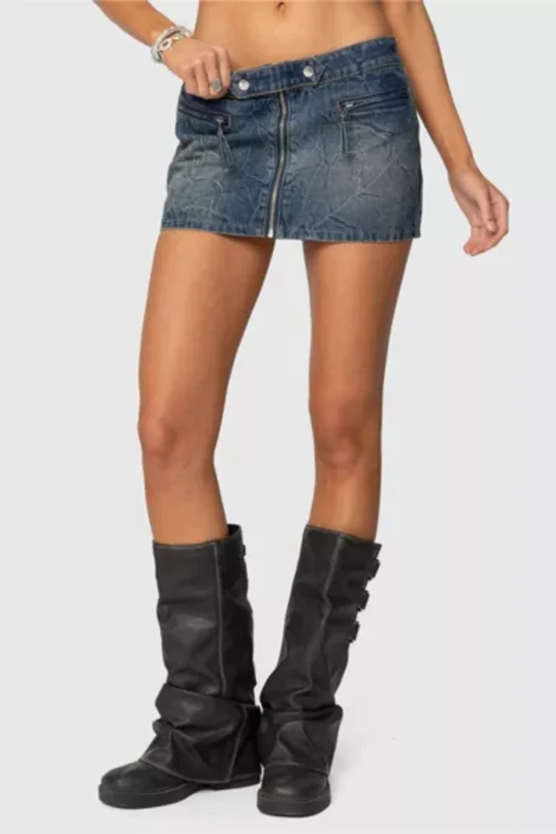 Edikted Guinevere Zip Washed Denim Mini Skirt