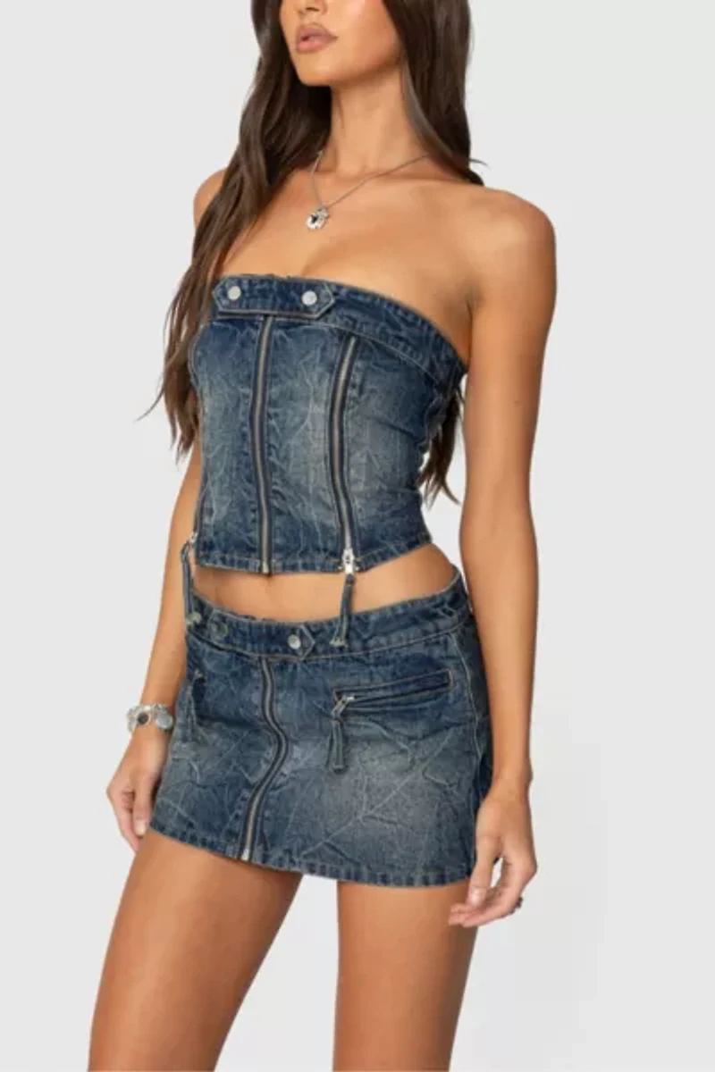 Edikted Guinevere Zip Washed Denim Top