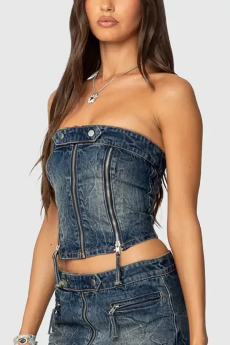 Edikted Guinevere Zip Washed Denim Top