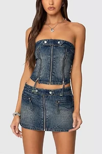 Edikted Guinevere Zip Washed Denim Top