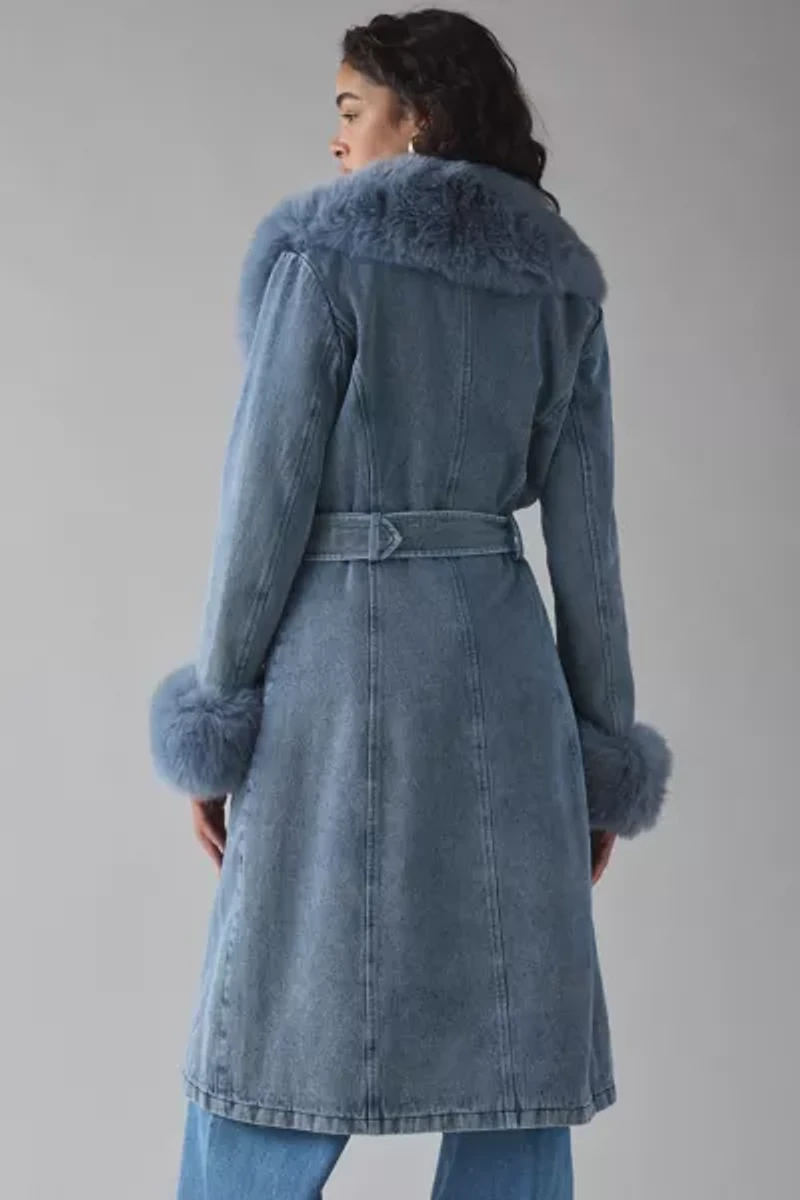 Azalea Wang Kaya Faux Fur Trim Denim Trench Coat