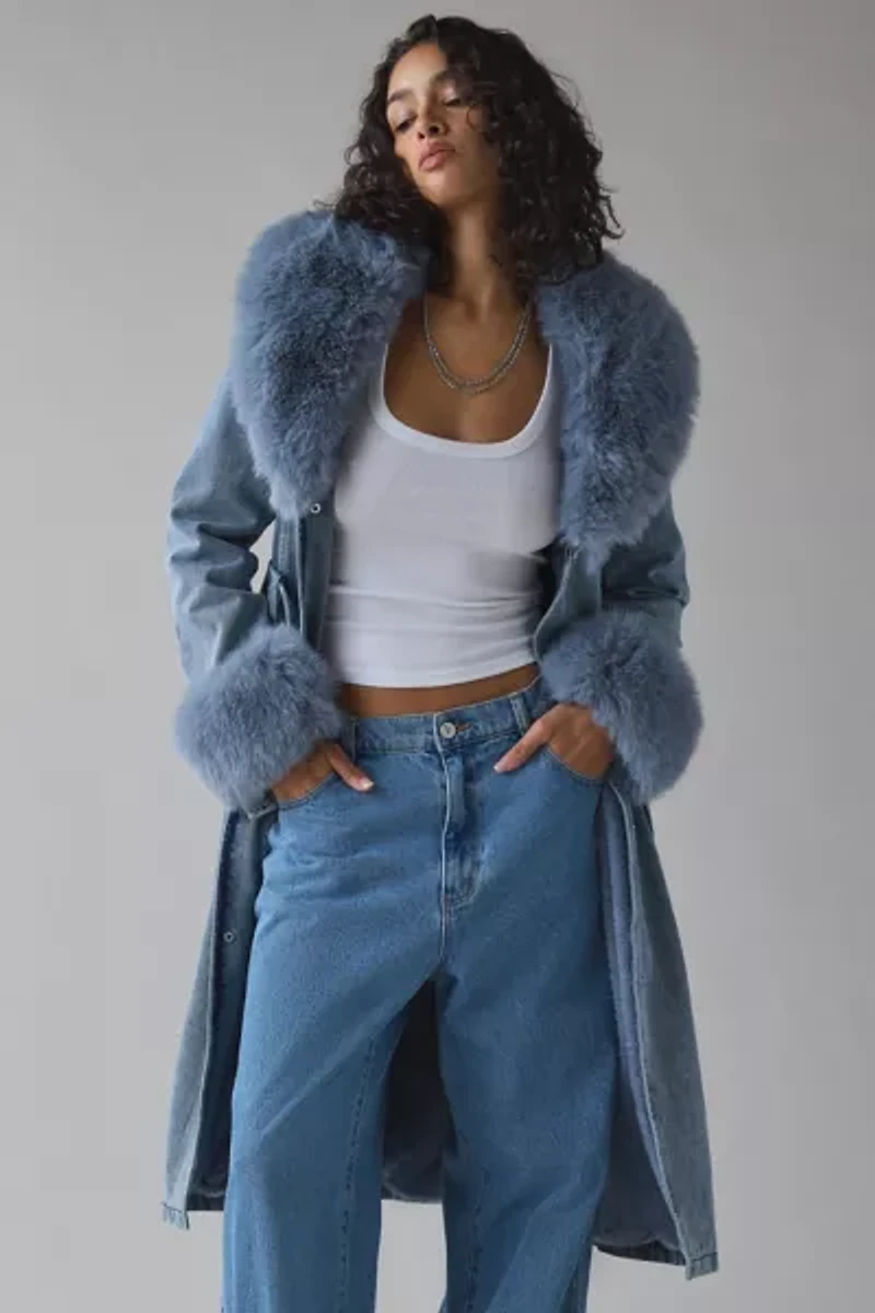 Azalea Wang Kaya Faux Fur Trim Denim Trench Coat