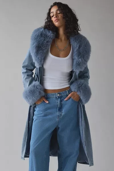 Azalea Wang Kaya Faux Fur Trim Denim Trench Coat