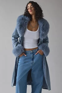 Azalea Wang Kaya Faux Fur Trim Denim Trench Coat