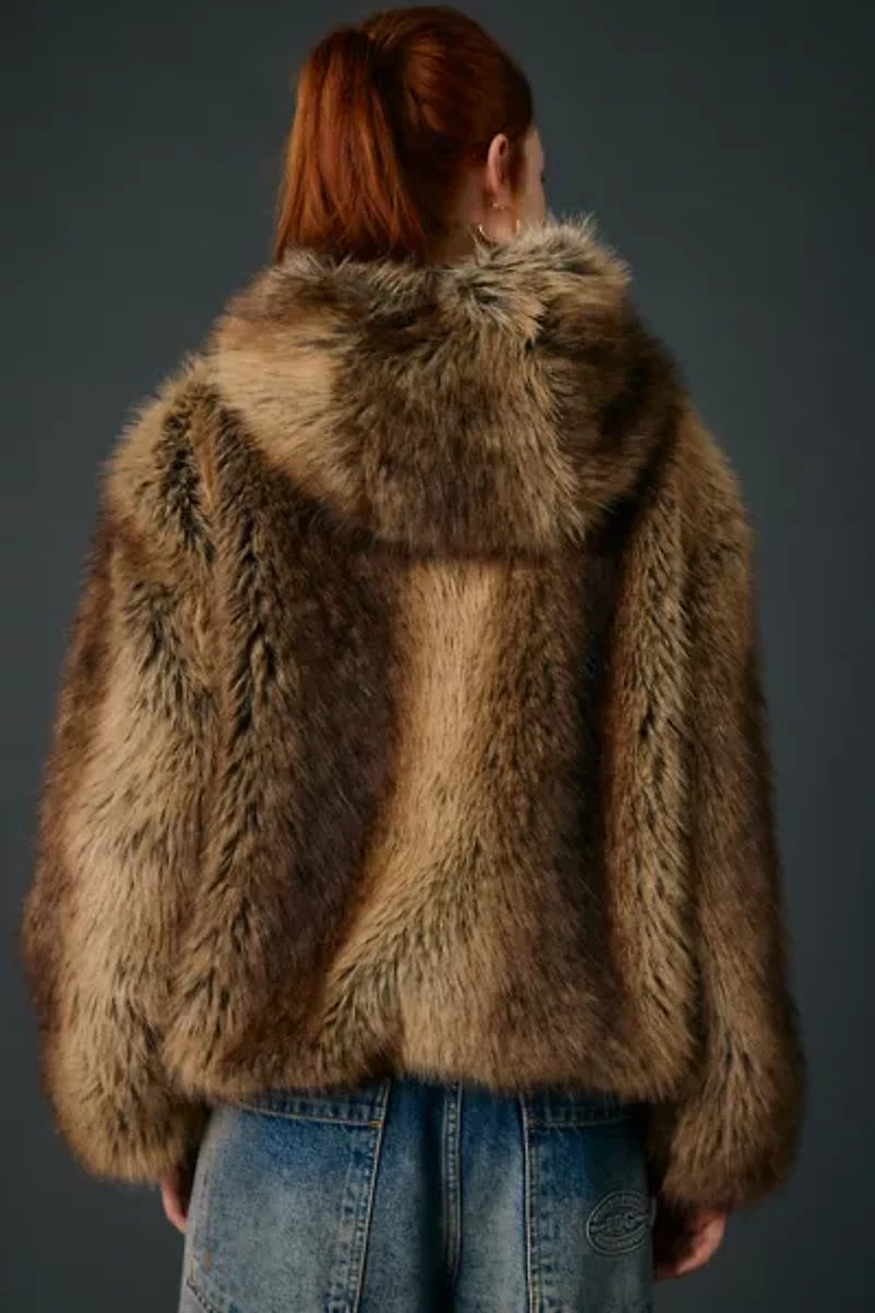 UO Sloanne Faux Fur Zip-Up Hooded Jacket