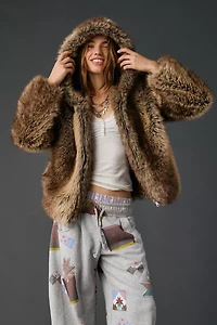 UO Sloanne Faux Fur Zip-Up Hooded Jacket