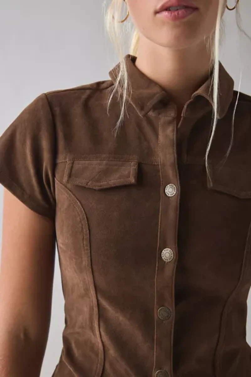 BDG Polly Faux Suede Slim Short Sleeve Snap-Button Shirt
