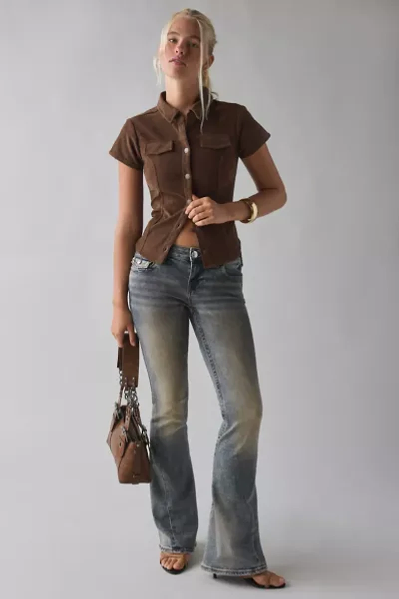 BDG Polly Faux Suede Slim Short Sleeve Snap-Button Shirt