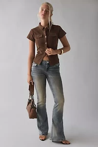 BDG Polly Faux Suede Slim Short Sleeve Snap-Button Shirt