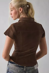 BDG Polly Faux Suede Slim Short Sleeve Snap-Button Shirt