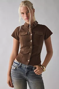 BDG Polly Faux Suede Slim Short Sleeve Snap-Button Shirt