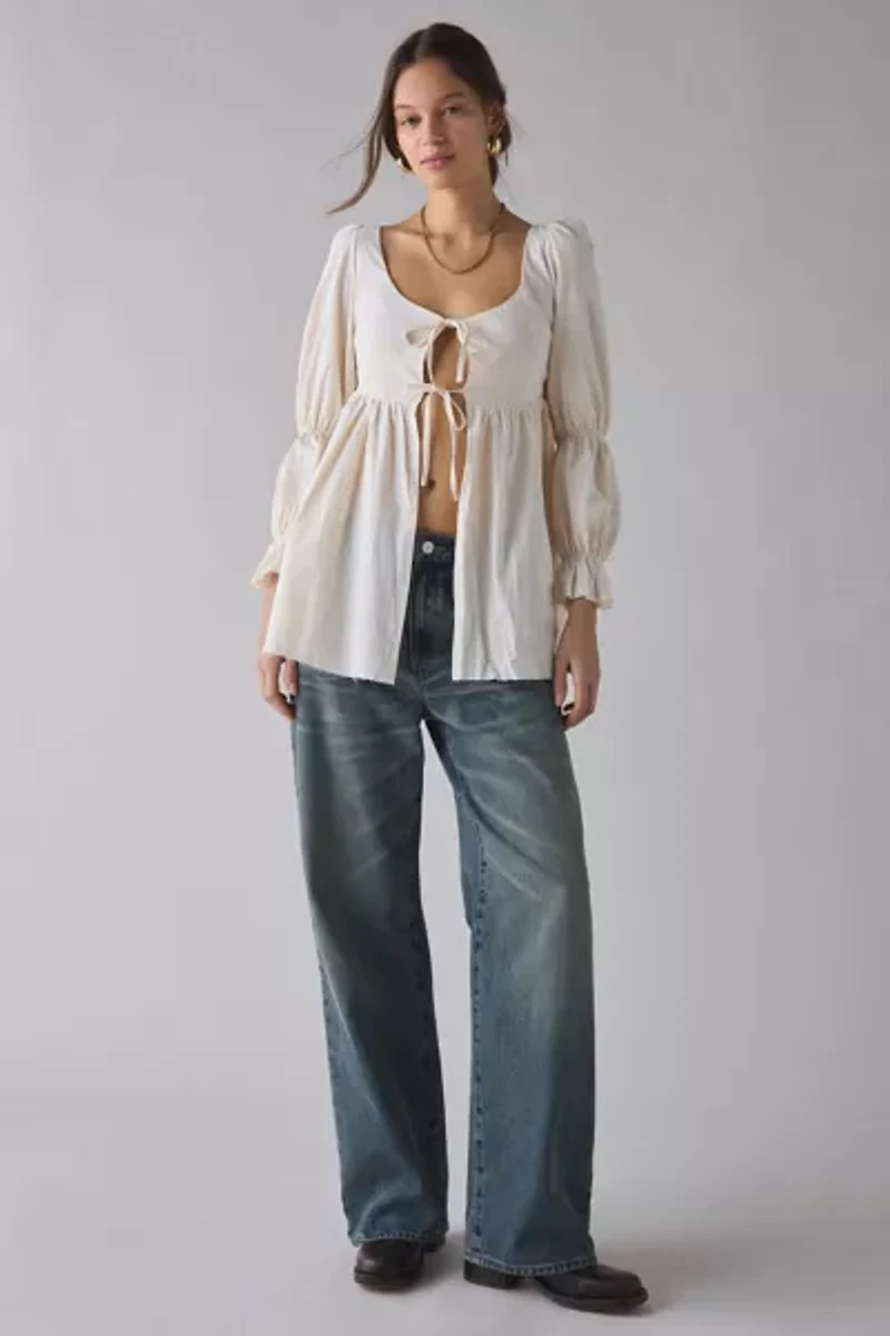 Daisy Street Cloud Blouson Sleeve Tie-Front flyaway Babydoll Tunic Top