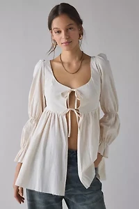 Daisy Street Cloud Blouson Sleeve Tie-Front flyaway Babydoll Tunic Top