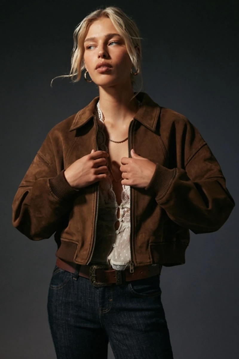 UO Jennifer Cropped Faux Suede Bomber Jacket