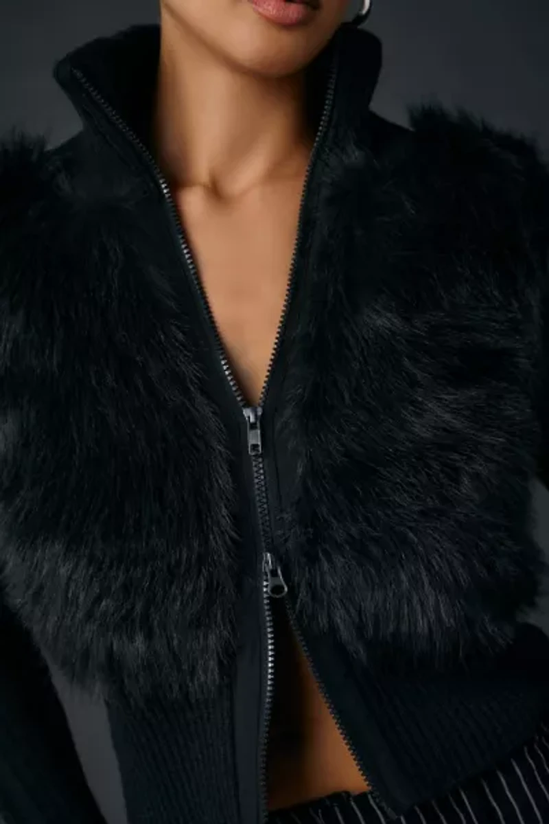 BDG Tori Faux Fur Trim Zip-Up Sweater Jacket