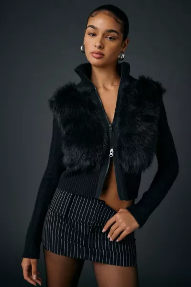 BDG Tori Faux Fur Trim Zip-Up Sweater Jacket