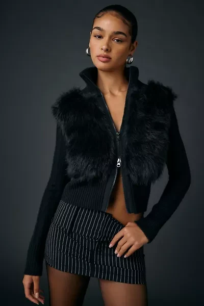 BDG Tori Faux Fur Trim Zip-Up Sweater Jacket