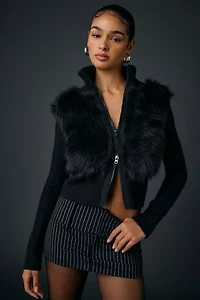 BDG Tori Faux Fur Trim Zip-Up Sweater Jacket