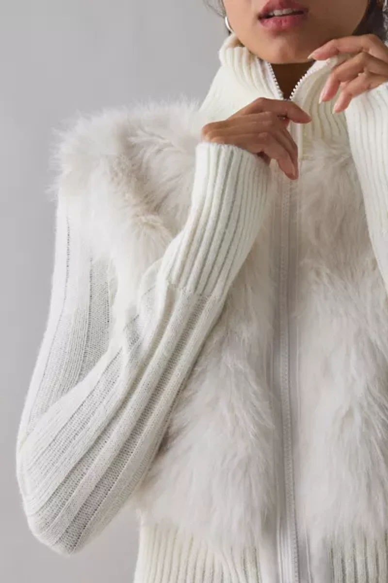 BDG Tori Faux Fur Trim Zip-Up Sweater Jacket